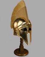 Weathered Corinthian Brass Helmet with Leather Liner and Display Stand