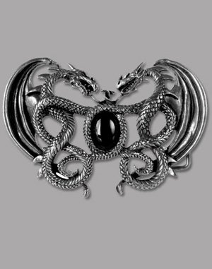 Twin Dragons Pewter Belt Buckle with Antiqued Finish and Black  Swarovski Crystal