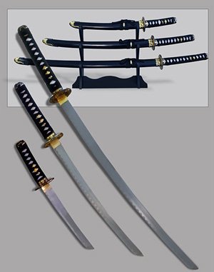 Golden Swordsman = Katana, Wakizashi and Tanto, with Display Stand