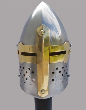 Miniature Medieval Crusader Helmet with Cross Shaped Brass Face Accent