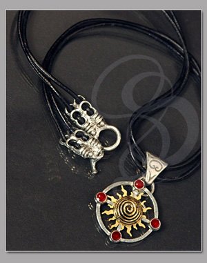 Celtic Sun Pendant and Necklace of Brass, Pewter and Enamel