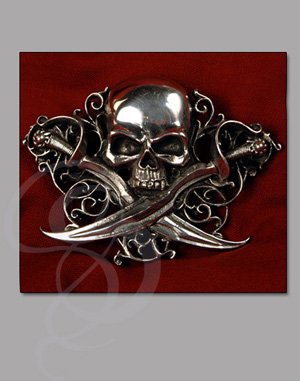 Letter of Marque Belt Buckle - Skull and Crossbones Belt Buckle, English Pewter