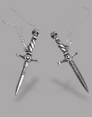 Polished-Pewter Macbeth Dagger Earrings with Jet Hematite Crystals and Chain
