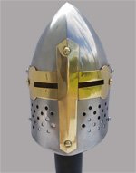 Miniature Medieval Crusader Helmet with Cross Shaped Brass Face Accent
