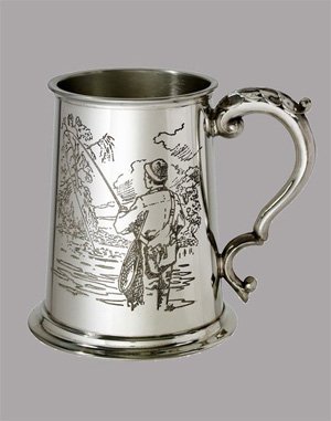 1 Pt Pewter Tankard with Fishing Scene on Front and Back